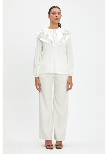 Parıltılı İşlemeli Zarif Yaka Tasarımlı, Balon Kollu Şık Bluz - Özel Günler Ve Günlük Kullanım İçin İdeal Ekru