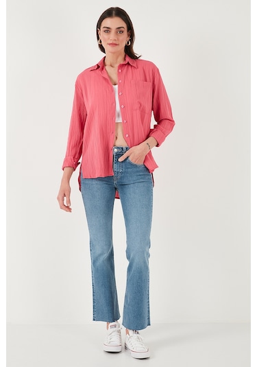 Lela Regular Fit Tek Cepli Önü Kısa Arkası Uzun Krinkıl Bayan Gömlek 6772752 Fuşya
