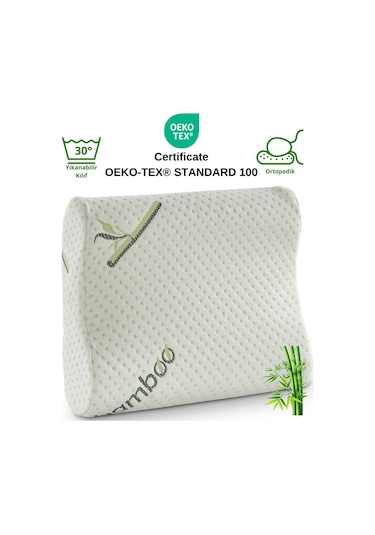 Bambu Kılıflı Medikal, Boyun Destekli Çift Taraflı Ortopedik Visco Visko Yastık 51x41x13-11cm 1350gr Beyaz - Yeşil