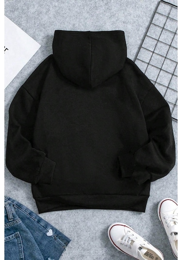 Kalp Baskılı Erkek - Kız Çocuk Rahat Kalıp Sweatshirt Siyah