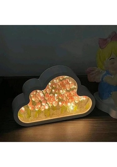 Prestigegoods Bulut Lale Aynalı Gece Lambası - Led Bulut Lale Lambası - Kendin Yap Lale Lambası - Ayna Eşliğinde Pembe