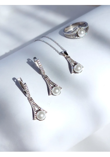 Gümüş Inci Damla V Tasarım Zarif Kadın Kolye Küpe Yüzük Gelin Set