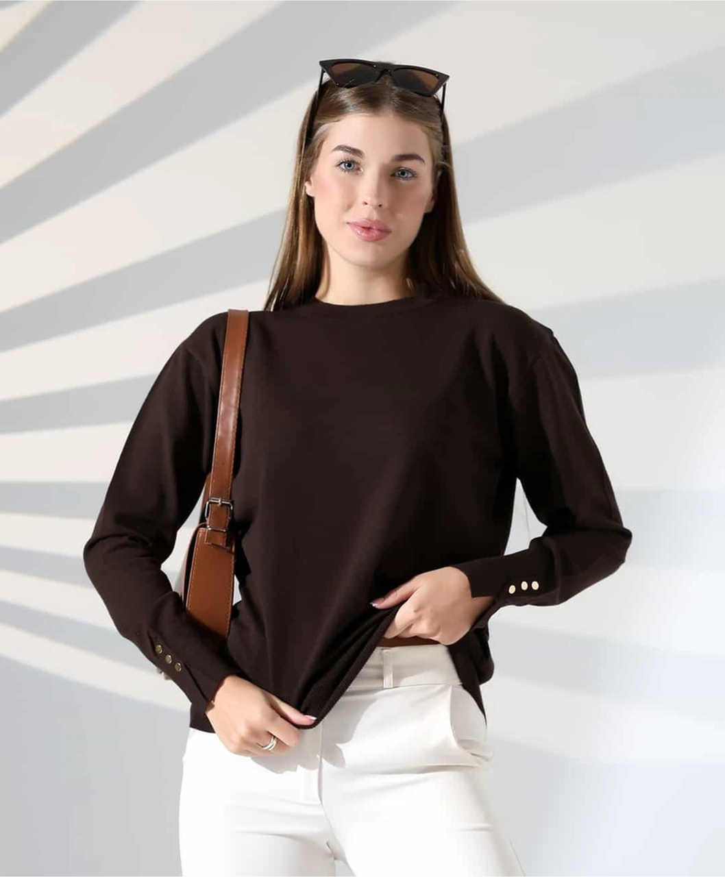 Gündelik Şıklık Kol Düğme Detay Triko Kazak Kahverengi