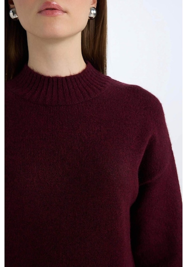DeFacto Relax Fit Yarım Balıkçı Yaka Midi Triko Bordo Elbise D8596AX24WNBR467