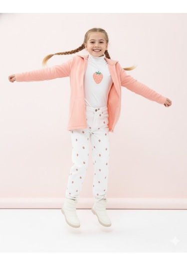 Kız Çocuk Pudra Polar Kapüşonlu Hırka Fermuarlı Uzun Kollu Yumuşak Çocuk Ceketi - Kız Çocuk Polar Hırka Pembe
