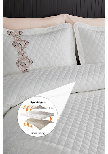 Evlen Home %100 Pamuk May Dantelli Yatak Örtüsü Çift Kişilik Elyaf Dolgulu Kapitone Pike Takımı Güpürlü Beyaz