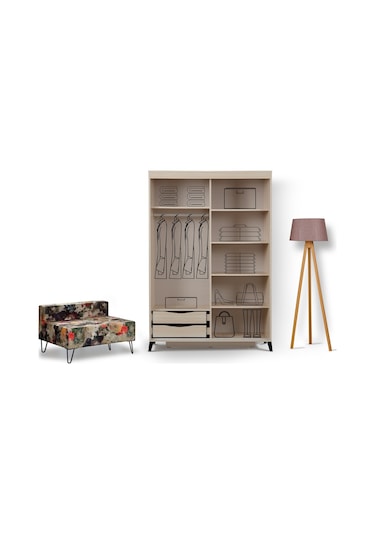 Pasifichome Huga Sürgülü Gardırop Meşe 140Cm / 2 Kapaklı Çekmeceli Dolap