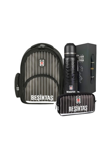 Okul Sırt Çantası ,sanslı Çift Gözlü Kalem Çantası Lisanslı Termos Matara Premium Set Siyah