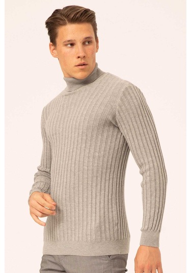 Ateş Triko Erkek Balıkçı Yaka Slim Fit Fitilli Triko Kazak 6091288 Gri Gri