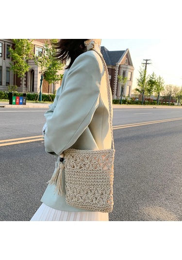 Fosenze Bej Kağıt Ip Örgülü Askılı Çanta - El Yapımı, Boşluklu Detaylı, Yaz Tatili Ve Plaj İçin Sık Kullanımlı Çanta Bej