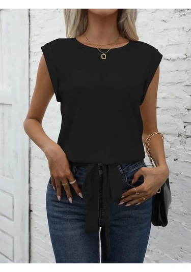 Sensuelle Kadın Sıfır Kol Etek Ucu Bağlama Detay Ithal Krep Bluz Siyah