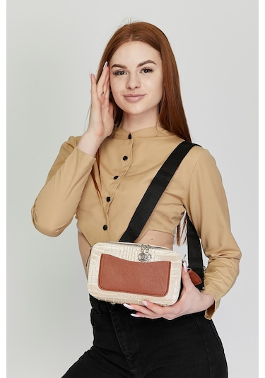 Morpelikan Bej Kroko İki Bölmeli Kadın Omuz Çantası Bej