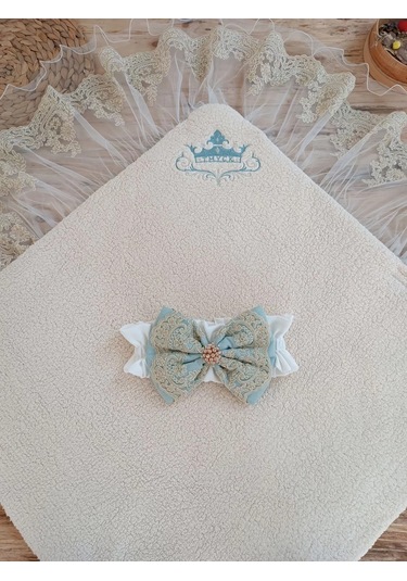 Yenidoğan Kuzulu Taç Nakış Güpürlü Fiyonklu Duvaklı Prizma Taş Unisex Kundak Bebek Battaniyesi Su Yeşili Çok Renkli