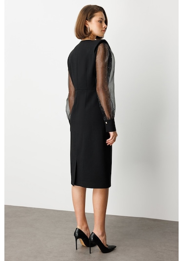 Ekol Kadın Kolları Taşlı V Yaka Midi Elbise 4025 Siyah Siyah