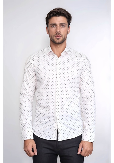 Minimal Bordo Motifli Beyaz Erkek Gömlek Wessi Beyaz