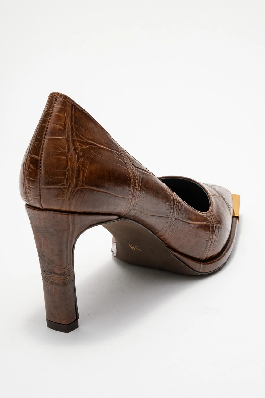 Lıora Kahverengi Baskı Altın Detaylı Kadın Blok Topuklu Topuklu Ayakkabı Kahverengi