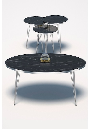 Zigon Sehpa Ve Orta Sehpa Elips Set Gümüş Bendir Tel