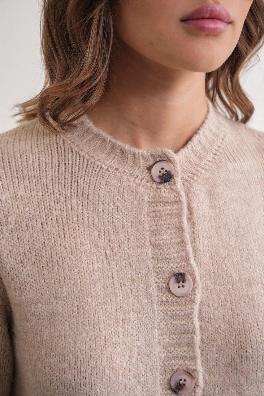 6951 Kadın Bisiklet Yaka Düğmeli Triko Kısa Hırka Bej Bej