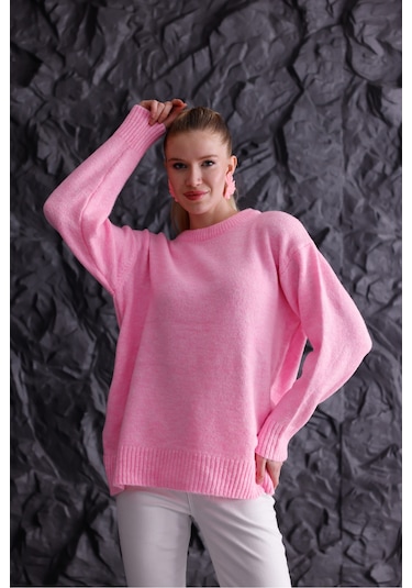 Bisiklet Yaka Oversize Basic Triko Kazak Pembe