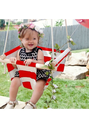 Bundera Ahşap Bebek Salıncak Çocuk Beşik Hamak Salıncağı Mavi Çizgili