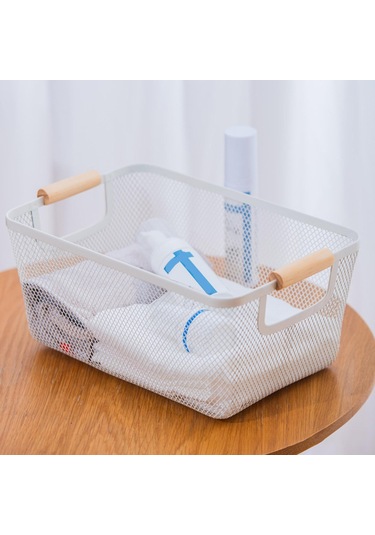 Suntek Ahşap Saplı Metal Tel Saklama Sepeti Makyaj Düzenleme Beyaz