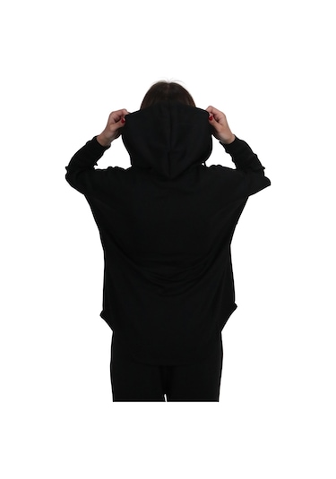 Kadın Modal Kumaş Yumuşak Dokulu Fermuarlı Rahat Kalıp Siyah Kapüşonlu Ceket Hırka Siyah