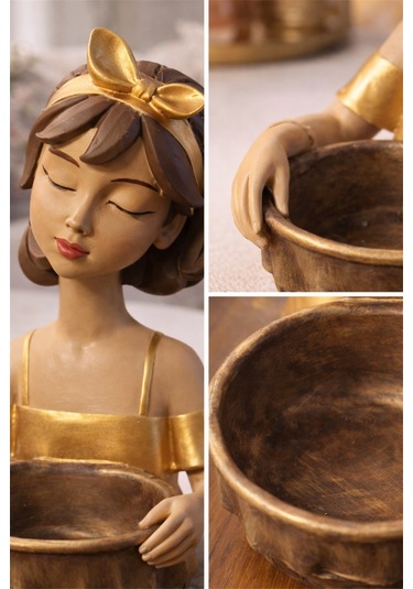 El Yapımı Seramik Kız Figürlü Kase Golden Blush Bow Çok renkli