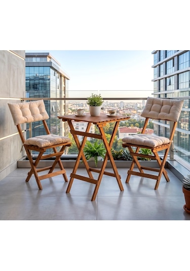 Ahşap Minderli Bahçe Bistro Masa Takımı  - Naturel