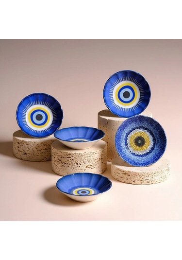 Fecra Acem 6'lı Nazarı Çay Tabağı Seti Karma Mavi