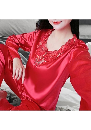 Kırmızı 2 Adet/takım Rahat Bahar Gecelik Seti V Yaka Uyku Dantel Artı Boyutu Kadın Gecelik Yatak Odası İçin Set Kırmızı