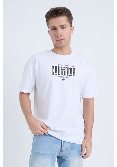 Erkek Oversize Baskılı T-shirt Beyaz California Beyaz