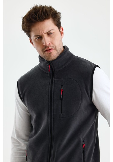 Monox Erkek Tam Fermuarlı Spor Polar Yelek Füme