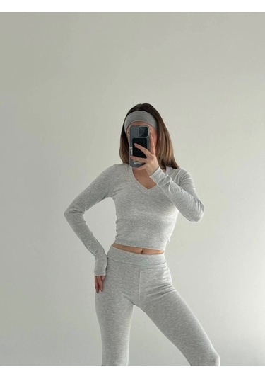 V Yaka Uzun Kollu Bluz İspanyol Paçalı Tayt İkili Takım - Gri Gri