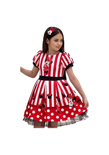 Riccotarz Kız Çocuk Üzeri Mc Maymun Baskılı Şerit Ve Çizgi Detaylı Kırmızı Elbise Kırmızı