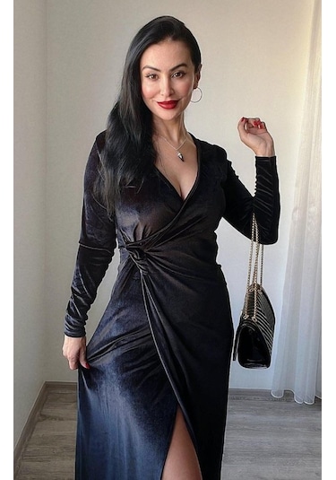 Tua Moda Kadın Uzun Kollu Kruvaze Yaka Yırtmaçlı Kadife Elbise Siyah