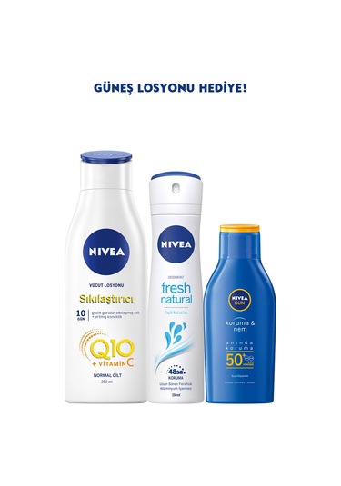 Nivea Q10 Sıkılaştırıcı Vücut Losyonu 250 ML+Fresh Kadın Sprey+Güneş Losyonu SPF50 100 ML
