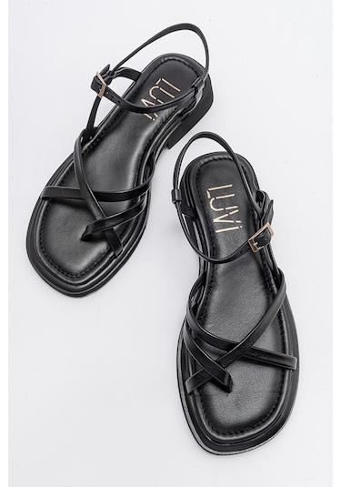 Luvishoes Antas Siyah Hakiki Deri Kadın Sandalet Siyah