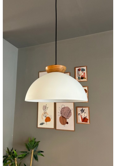 Perry Beyaz Cam Tekli Avize Ahşap Tabak Başlık Retro Sarkıt Lamba Restoran Salon Aydınlatma Beyaz