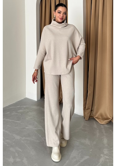Modagen Kadın Selanik Kumaş Balıkçı Yaka Alt Üst Takım Bej