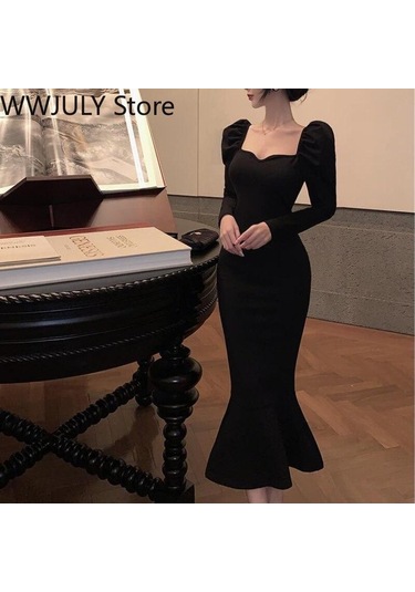 2021 Kış Vintage Denizkızı Elbise Kadın İnce Parti Tek Parça Elbise Kore Moda Uzun Kollu Siyah Y2k Midi Elbise Bayan Zarif Siyah