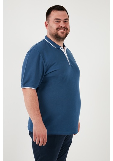 Buratti Büyük Beden Pamuklu Regular Fit Erkek Polo Yaka T Shirt 5902118B Koyu Mavi-Beyaz