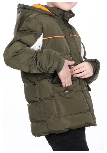 Erkek Çocuk Kolları Renk Bloklu Yazı Desenli Şerit Detaylı Fermuar Çıtçıt Kapamalı Haki Renk Mont Haki