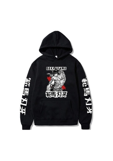 Baki Grappler Moda Baskı Anime Hoodie 14948 Siyah