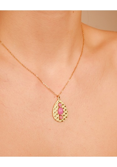 Lekka Design Kadın Takı Kararmaz Çelik Pudra Pembe Taşlı Damla Antik Kolye