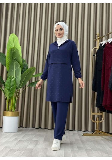 Taş Detaylı Kapüşonlu Fermuarlı İkili Tunik Takım Lacivert
