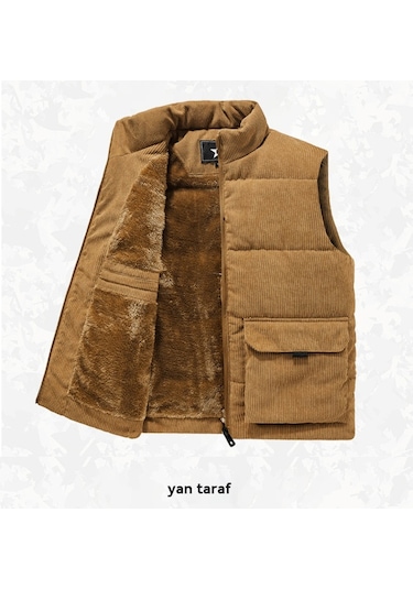 Polar Astarlı, Kalın Dik Yakalı, Sıcak Pamuklu Dolgulu Ceketli Erkek Kadife Yelek Siyah