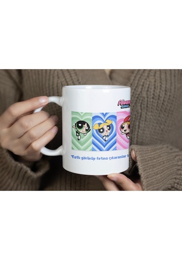 Powerpuff Girls Tatlı Görünüp Fırtına Çıkaranlar Kulübü Yazılı Kupa Bardak - Renkli Kız Arkadaş Grup Beyaz