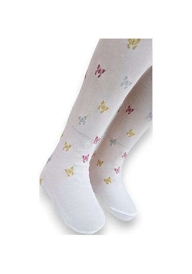 Kelebekli Simli Çocuk Külotlu Çorap - Dore St08584 Beyaz