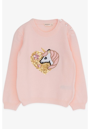 Breeze Kız Çocuk Triko Kazak Pullu Unicorn Baskılı 1.5-5 Yaş, Pudra