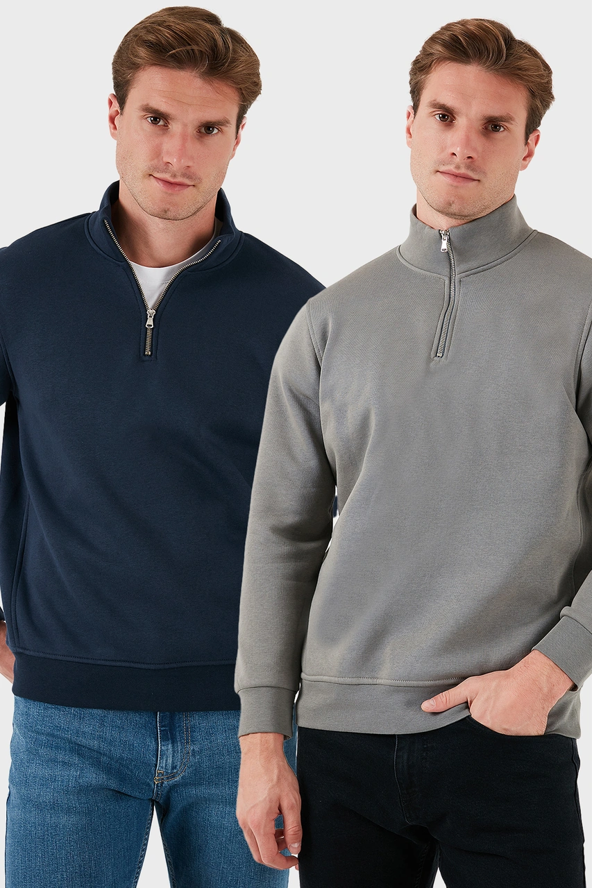 Buratti Pamuklu Regular Fit Dik Yaka 2'Li Paket Erkek Sweat 59052592S2 Açık Haki-Koyu Lacivert